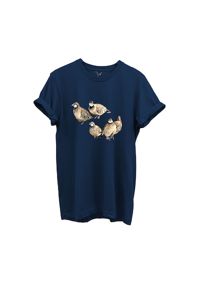 Beşli Keklik Baskılı Doğa Ve Av Temalı %100 Pamuk Regular Fit Unisex T-shirt Lacivert