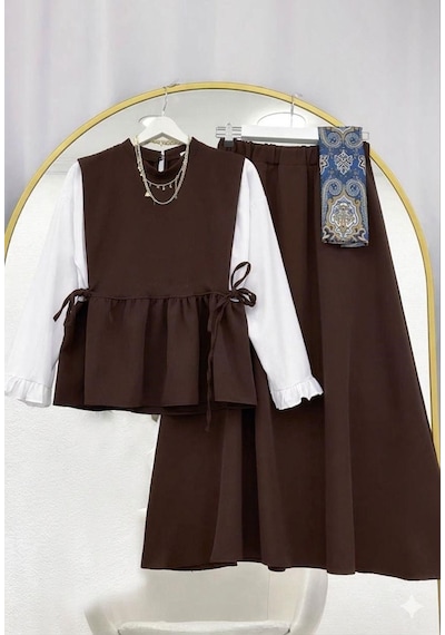 Lovie Moda Kadın Kolu Büzgülü Etekli Takım - Kahverengi