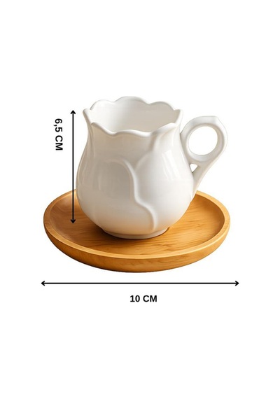 Rose 12 Parça 6 Kişilik Porselen Kahve Fincan Takımı 100 Ml Bambu Tabaklı Fincan Seti Beyaz