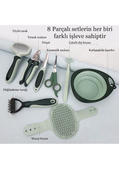 8 Parça Evcil Hayvan Tarak Makas Seti Kedi Ve Köpek Bakım Makası Banyo Fırçası Su Kasesi