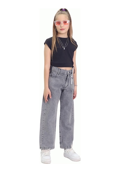 Gzt Tekstil Kız C Ocuk Pantolon Metalik Zincir Detaylı Bol Paça Kız Çocuk Kot Pantolon 6-15 Yaş Denim