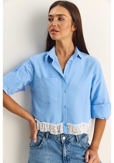 Shade Kadın Dantel Detaylı Poplin Crop Gömlek Dg261024 60286098 - Mavi