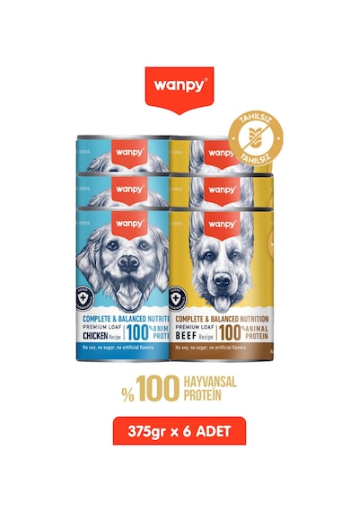 6 Adet Tahılsız Köpek %100 Gerçek Et Biftekli Ve Tavuklu Konserve Yaş Mama 375 Gr