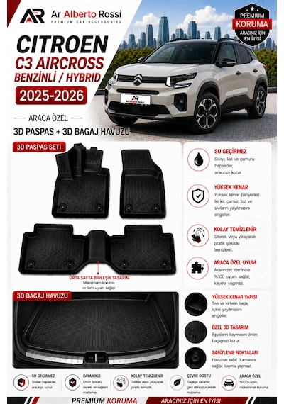 Citroen C3 Aircross Benzinli/hybrıd 2025-2026 Araca Özel 3d Paspas + 3d Bagaj Havuzu