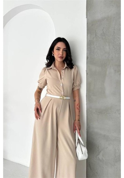 Neşeli Butik Kadın Bej Gömlek Yaka Kemerli Geniş Paça Tulum Nbk4197