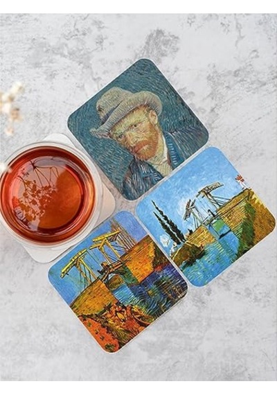 Van Gogh Temalı Ahşap Bardak Altlığı Ahşap Baskılı Altlık 6'lı Set 9 X9cm Genel