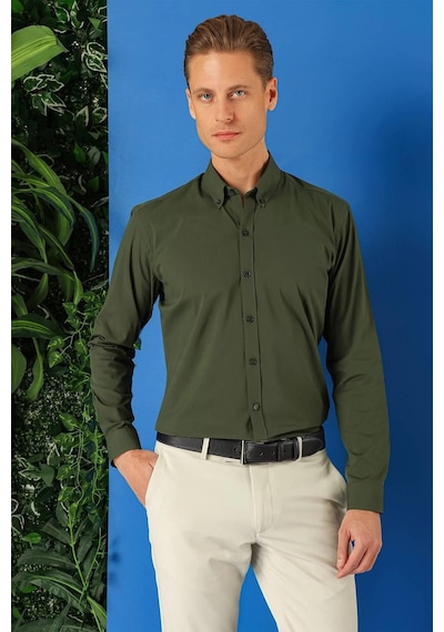 Efor Slim Fit Düğmeli Yaka Pamuklu Klasik Haki Gömlek Gk 715 Haki