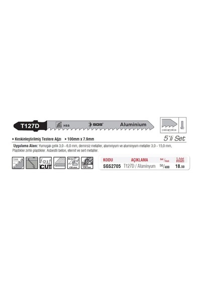 Sgs2705 - T127d Dekupaj Ağzı Alüminyum Kesme Ucu 100mm X 7.9mm 5 Adet