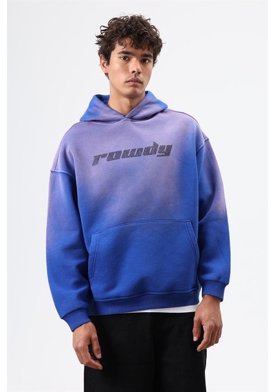 Vamos Oversize Baskılı Yıkamalı Hoodie Saks Mavi
