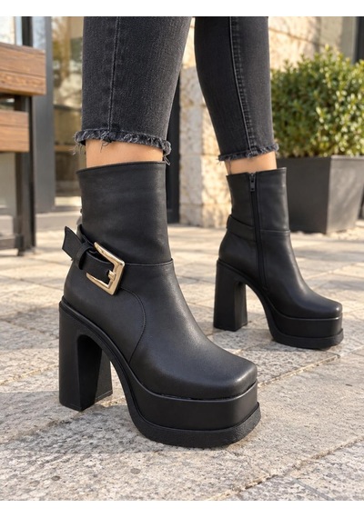 Asmi Shoes Kadın Dona Siyah Tokalı 12 Cm Platform Topuklu Bot 2030