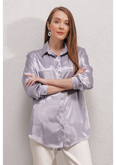 Bigdart 3985 Oversize Saten Gömlek - Lila 001