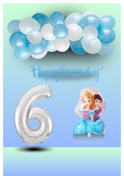 6 Yaş Frozen Tema İkili Prenses Folyo Balon Mavi Beyaz Balon Gümüş Rakam Mavi Banner Doğum Günü Seti Çok Renkli