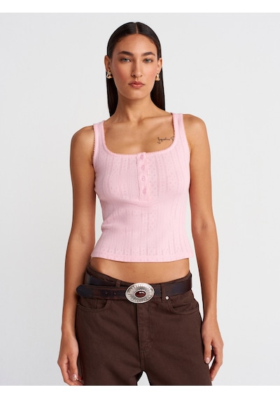 Dilvin 21069 Düğmeli Kare Yaka Top-toz Pembe Toz Pembe