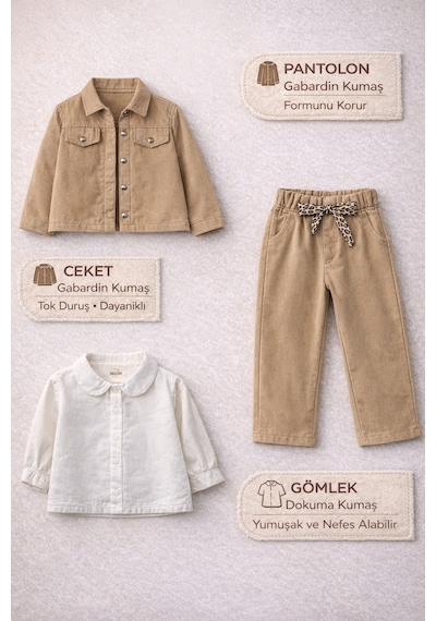 Harika Kids Kız Çocuk Gabardin Ceketli Takım Düğmeli Dokuma Gömlekli, Beli Lastikli Kemerli Pantolon 2-5 Yaş Camel