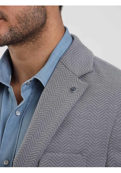 Dufy Gri Erkek Slim Fit Balıksırtı Desenli Mono Yaka Ceket - 104447-gri Gri