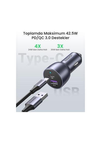 Ugreen 52.5w Qc Pd Hızlı Araç İçi Şarj Cihazı Çakmaklık Adaptörü 1xusb-c, 1xusb-a, Uzay Grisi, 60980