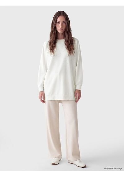 Lcw Modest Beyaz Taşlı Soft Touch Kadın Sweatshirt Tunik