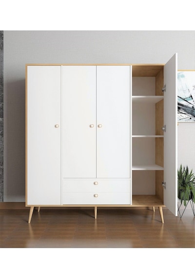 Floradesign Tema Elbise Dolabı 4 Kapaklı Çekmeceli Dolap Gardırop /beyaz Meşe