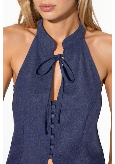 Hiccup Qipao Halter Yaka Düğmeli Top Lacivert