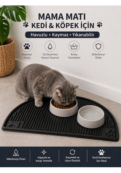 Evcil Hayvan Beslenme Matı Su Geçirmez Havuzlu Kaymaz Kedi Köpek Mama Paspası Mama Altlığı 50x26 Cm