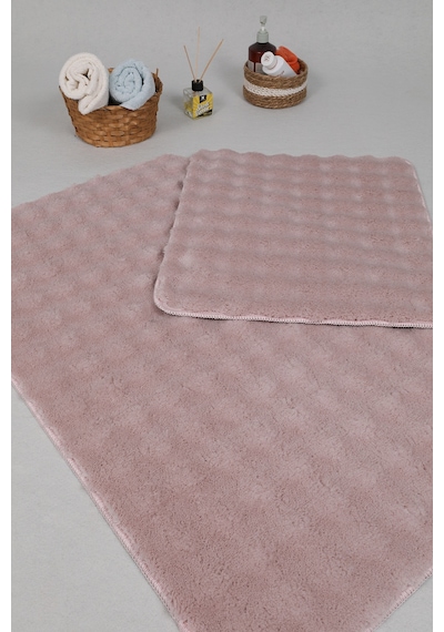Modern Bubble Yıkanabilir Kaymaz Peluş Banyo Paspası Halısı 2'li Klozet Takımı 50x80-50x40cm Pembe