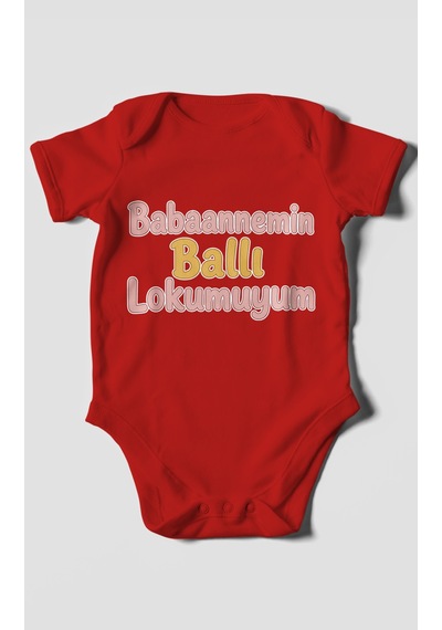 Morivokids Babaannemin Ballı Lokumuyum Kısa Kollu Bebek Body %100 Pamuk Kırmızı