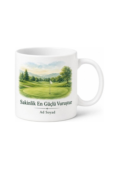 Golfçüye Hediye Yeşil Saha Delik Ve Bayrak Çizimli Sakinlik Kupa Bardak Beyaz / Çok Renkli