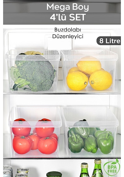 4 Adet Dolap İçi Buzdolabı Düzenleyici - Buzdolabı Meyve Sebze Saklama Kabı Organizer Sepet 8 Litre Şeffaf