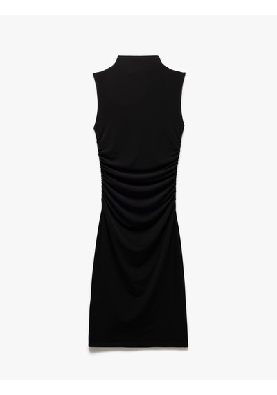 Koton Hafif Dik Yaka Kolsuz Drapeli Slim Fit Midi Kalem Elbise Siyah 5sak80023ek