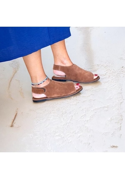 Ne&ve Shoes Taba Süet Hakiki Deri Cırtlı Kadın Günlük Sandalet