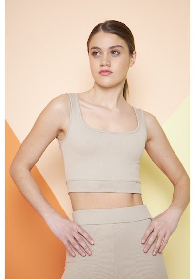 Thiff Gymwear Yeşil Fitilli Kare Yaka Esnek Örme Crop Büstiyer Atlet Bej
