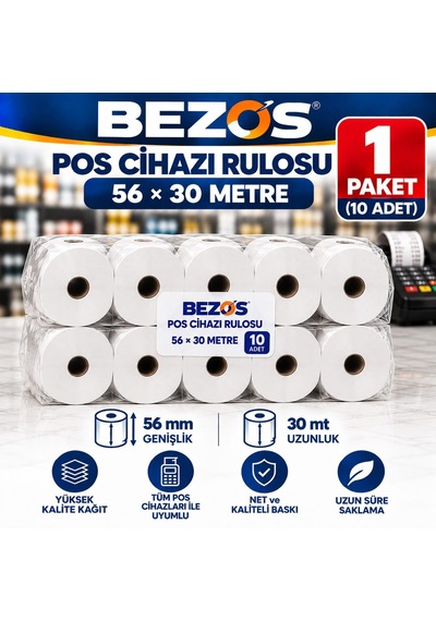 Termal Pos Cihazı Rulosu 56 Mm X 30 M - 10 Adet 1 Paket Yazar Kasa Slip Rulosu