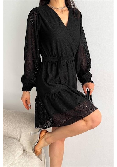 Neşeli Butik Kadın Siyah Kruvaze Kuşaklı Mini Elbise Nbk2026 Siyah