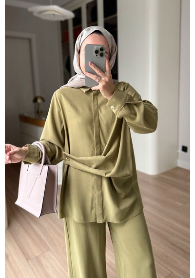 Ka Hijab Bağlama Detaylı Takım - Yağ Yeşili