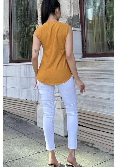 WeShaya Kadın Hardal Kalın Askılı, Kare Yaka, Salaş Keten Bluz HARDAL