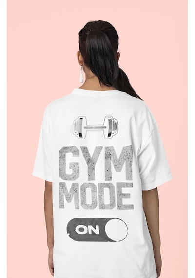 Gym Mode On Bodybuilding Fitness Sırt Baskılı Unisex Oversize Spo Beyaz