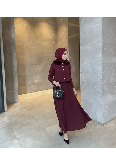 Molly Nelly Kadın Yaka Kürk Detaylı Skuba Etekli Takım Bordo