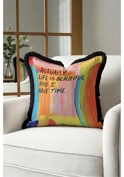Renkli Yazı Saçaklı Yastık Kılıfı - Pop Art Pembe Turuncu Siyah Püsküllü Kırlent Kılıfı - 55x55 Cm Yalın Düş Nektar Renkli Yazı Saçaklı Yastık Kılıfı - Pop Art Pembe Turuncu Siyah Püsküllü Kırlent Kılıfı - 55x55 Cm Yalın Düş Nektar