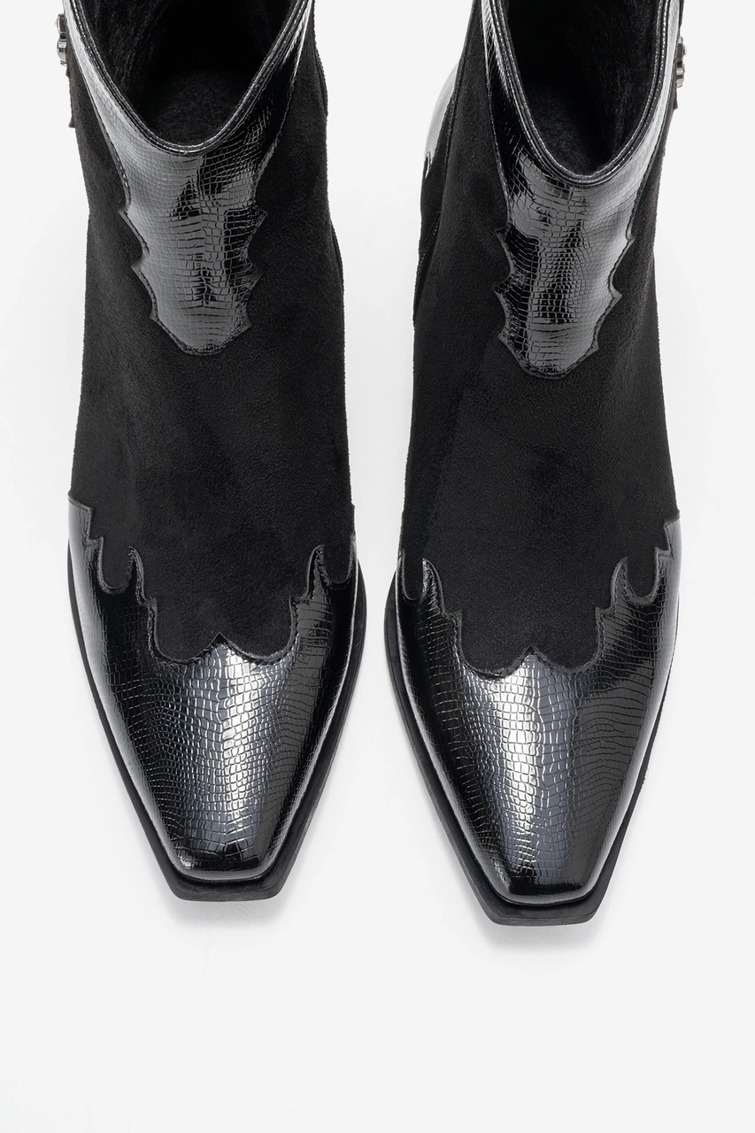 Luvishoes Luvi Shoes Loel Siyah Süet Siyah Desenli Kadın Kalın Topuklu Western Bot Siyah - Süet