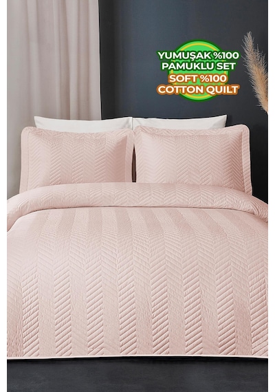 Evlen Home Ross %100 Pamuk Yatak Örtüsü Pike Takımı Çift Kişilik Kapitone Çizgili Günlük Yıkanabilir Pudra Pudra
