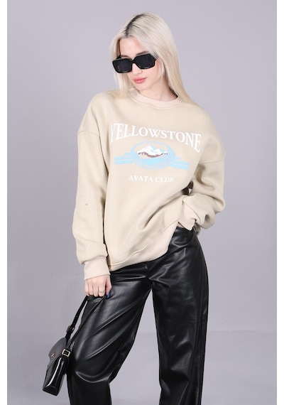 Bej Bisiklet Yaka Baskılı Sweatshirt Mg1571