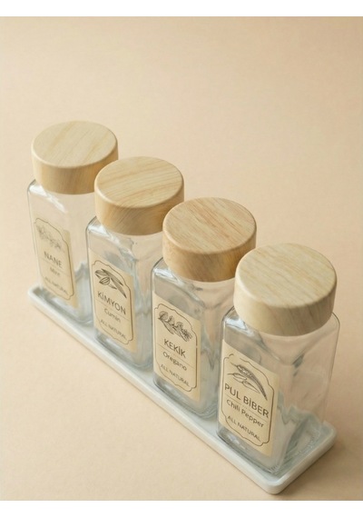 Leelahome 4'lü Set Ahşap Desenli Standlı Kare Baharatlık 140 Ml - Açık Kahve Açık Kahverengi