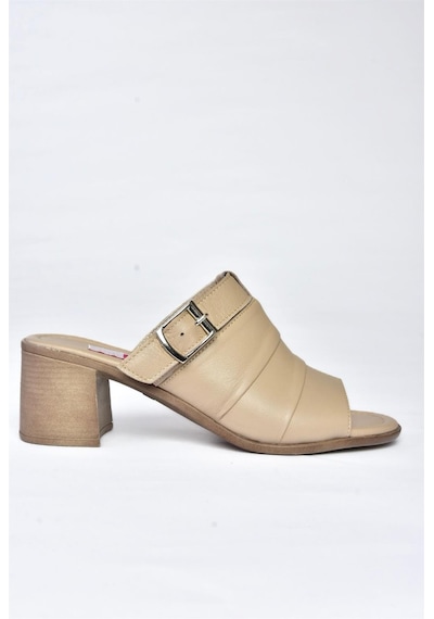 Fox Shoes P555450903 Vizon Hakiki Deri Kalın Topuklu Günlük Kadın Terlik