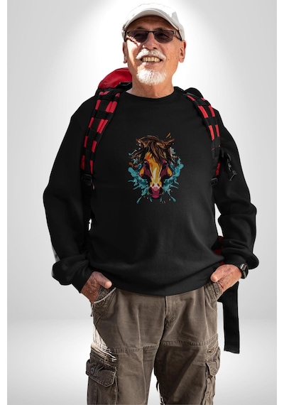 At Kafası Renkli Unisex Siyah Baskılı Sweatshirt Siyah