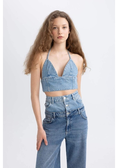 Defacto Afra x DeFacto Boyundan Bağlamalı Crop Jean Bluz C5862AX24SPNM28 Mavi