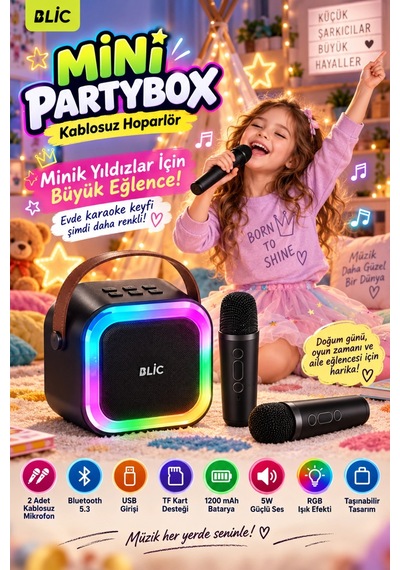 Blic Bls-97 Siyah Partybox Çift Kablosuz Mikrofonlu Rgb Led Işıklı Taşınabilir Bluetooth Hoparlör
