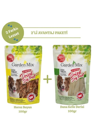 Garden Mix 2'li Avantaj Paketi Horoz Boyun 100 G + Dana Kelle Derisi 100 G Doğal Köpek Ödülü