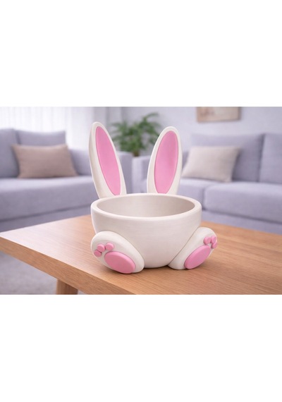 Tavşan Kulaklı Dekoratif Şekerlik Pembe Beyaz Bunny Tasarım Çikolata Kasesi Masaüstü Dekoratif