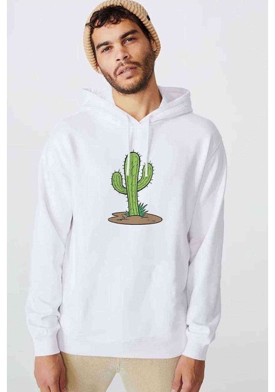 Kaktüs Cactus Baskılı Beyaz Erkek Örme Kapşonlu Sweatshirt