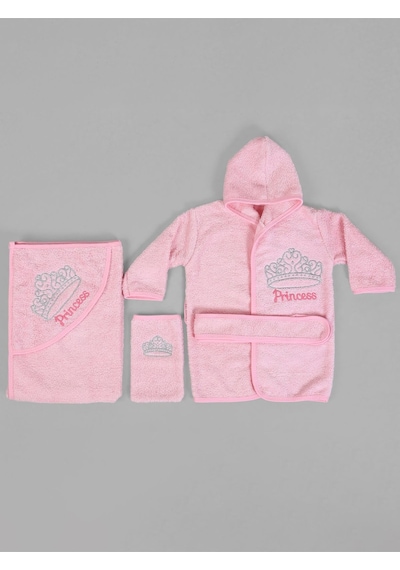%100 Pamuk Yenidoğan Bebek Çocuk Bornoz Havlu Takımı Set Sb 686 Pembe - Beyaz